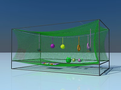 Colorful Playground Equipment With Green Netting Frame Hanging Colorful Balls And Toys 3d model