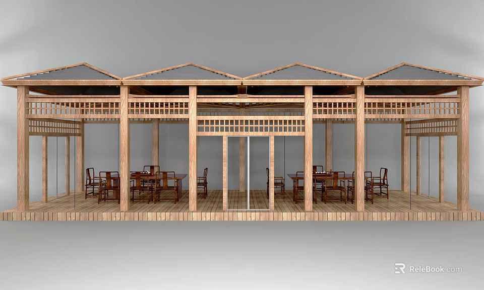 Wooden Landscape Pavilion With Lattice Design Open Air Seating And Tables 3d model 
