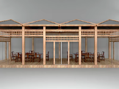Wooden Landscape Pavilion With Lattice Design Open Air Seating And Tables 3d model