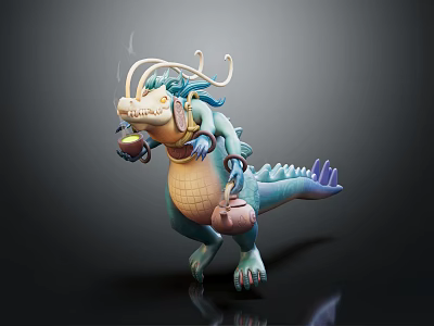 Anthropomorphic Blue Green Dragon Holding Teapot With Curled Whiskers And Scaly Skin 3d model