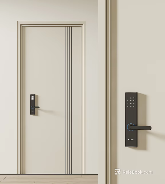 Modern Beige Swing Door With Digital Keypad Lock And Vertical Trim Design 3d model 