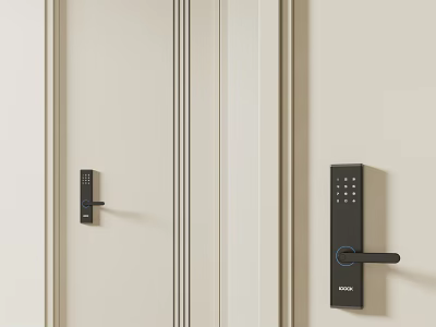 Modern Beige Swing Door With Digital Keypad Lock And Vertical Trim Design 3d model