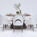 Elegant Round Dining Table Set with White Chairs Marble Tabletop Green Plant and Tableware 3d model