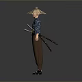 Traditional Asian Character Wearing Conical Hat Blue Top Brown Pants With Sword At Waist