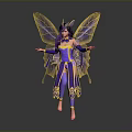 Fantasy Fairy Character With Purple Costume Golden Wings And Outstretched Arms