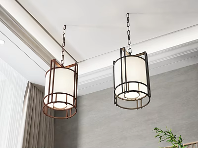 Chinese Style Ceiling Pendant Lights With Brown Black Metal Frames And White Lampshades 3d model