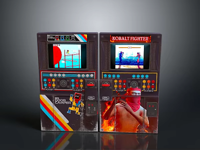 Vintage Arcade Game Machines With Space Invaders Koral Fighter Screens Colorful Buttons Joysticks And Graphics 3d model