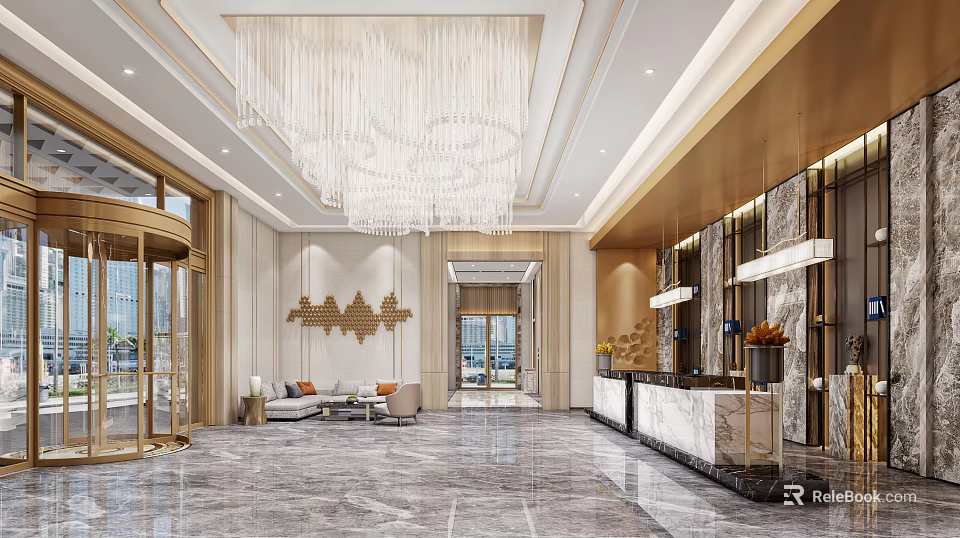 Luxury Hotel Lobby Interior With Grand Chandelier Marble Floor And Reception Counter 3d model 