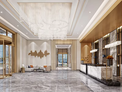 Luxury Hotel Lobby Interior With Grand Chandelier Marble Floor And Reception Counter 3d model