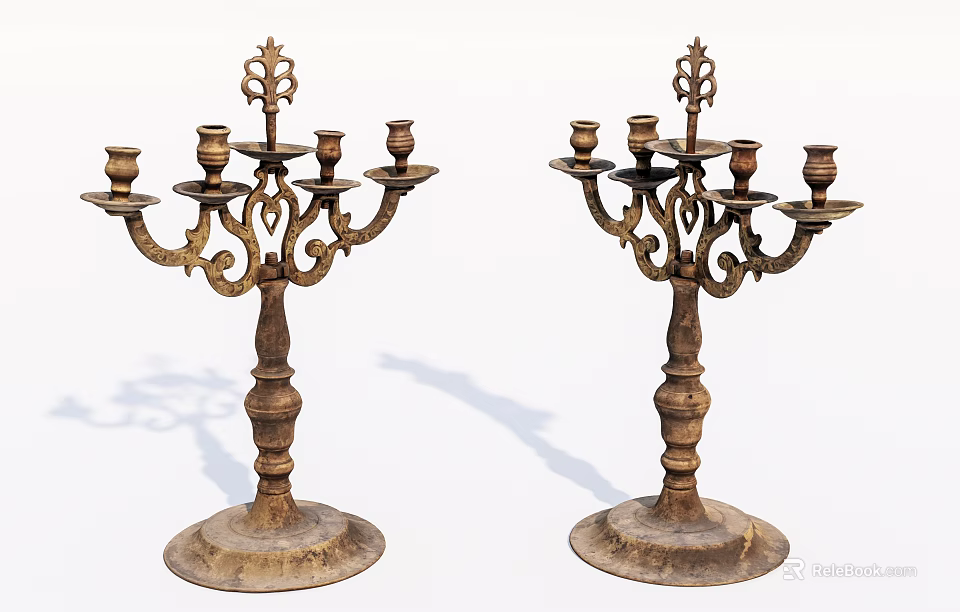 Vintage Ornate Metal Candelabra With Decorative Carvings And Multiple Candle Holders 3d model 