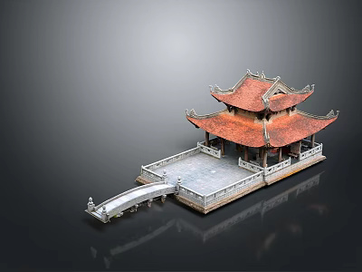 Traditional Chinese Architectural Model With Two Tiered Red Tiled Roof And Stone Bridge 3d model