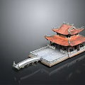 Traditional Chinese Architectural Model With Two Tiered Red Tiled Roof And Stone Bridge