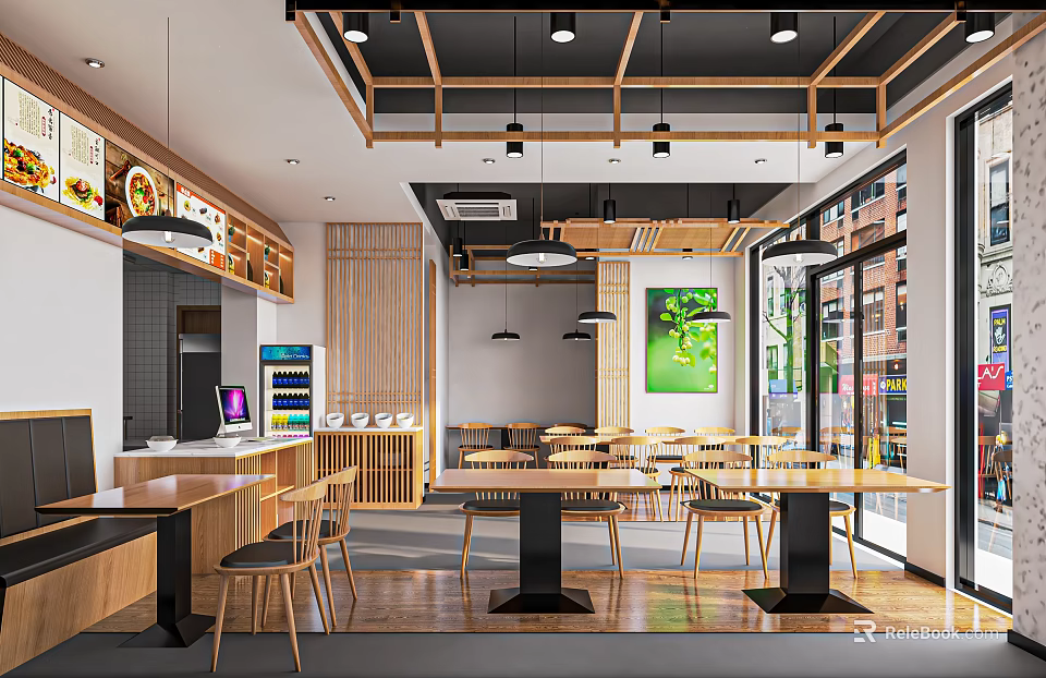 Modern Restaurant Interior With Wooden Tables Chairs And Green Plant Decor 3d model 