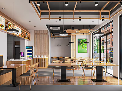 Modern Restaurant Interior With Wooden Tables Chairs And Green Plant Decor 3d model