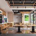 Modern Restaurant Interior With Wooden Tables Chairs And Green Plant Decor