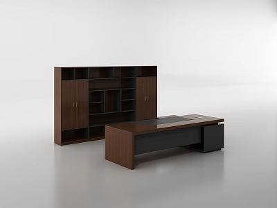 Modern Office Desk With Dark Brown Bookcase In Contemporary Office Setup 3d model