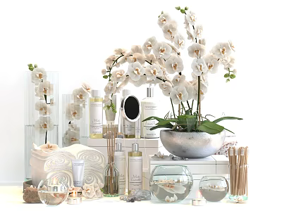 Stylish Bathroom Set With Skincare Products Towels Mirror And Orchid Decor 3d model