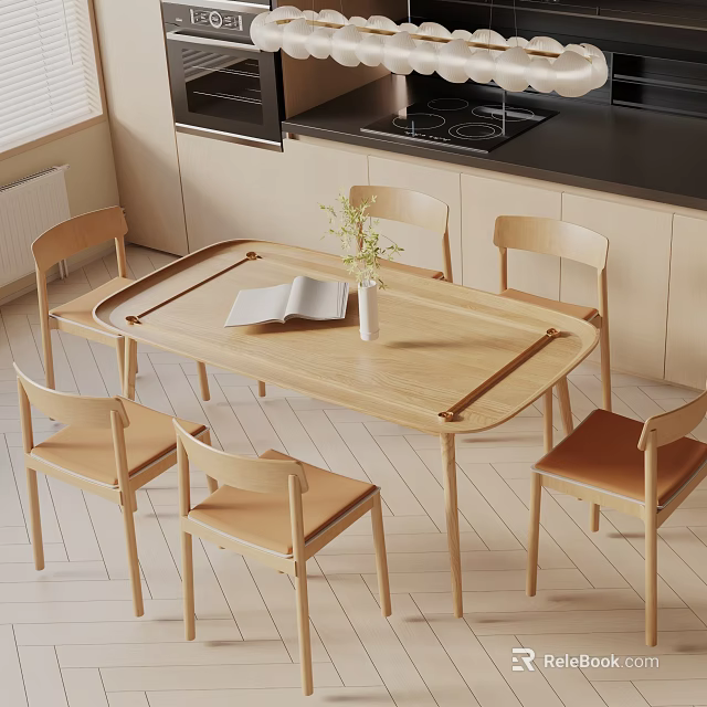 Modern Dining Table Set with Wooden Table 4 Chairs Book and Flower Vase 3d model 