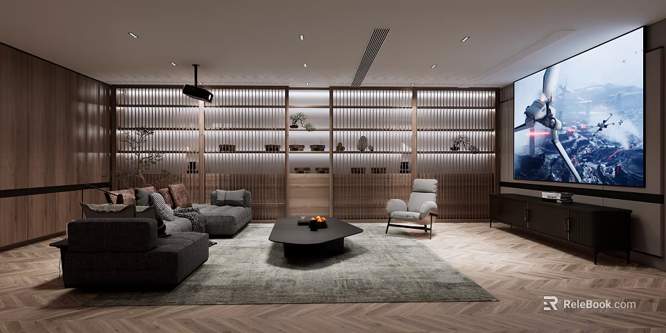 Modern Home Theater with Gray Sofa Accent Chair Wooden Slat Accent Wall and Large TV 3d model 