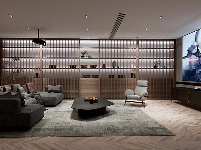 Modern Home Theater with Gray Sofa Accent Chair Wooden Slat Accent Wall and Large TV 3d model
