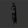 Hooded Female Character Costume With Black Cloak Blue Purple Outfit Red Accents And Blue Boots