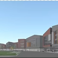 Lively Modern Commercial Street With Red Brick Gray Walls Glass Windows Pedestrians Cars And Greenery