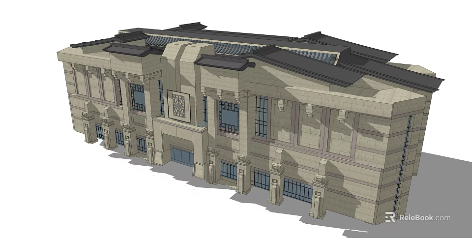 Traditional Modern Fusion Building Exterior With Stone Facade Detailed Windows And Classic Roof Design 3d model 
