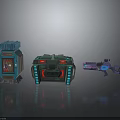 Sci Fi Scene Components With Blue Screen Device Red Blue Lit Case Purple Blue Gun 3d model
