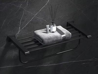 Modern Bathroom Accessories Featuring Black Towel Rack With Gray Towel On Marble Wall 3d model