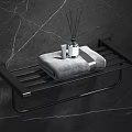 Modern Bathroom Accessories Featuring Black Towel Rack With Gray Towel On Marble Wall