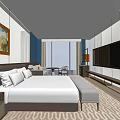 Modern Hotel Room Featuring King Bed TV Large Window And Decorative Artwork