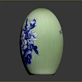 Greenish Vase With Blue And White Peony Flower Patterns On Black Background