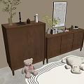 Cozy Walnut Wood Console Cabinet And Sideboard With Stuffed Toys Potted Plants Wall Art