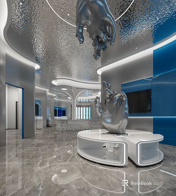 Modern Exhibition Hall Interior With Silver Metal Hand Sculpture Curved Structure And Blue White Walls 3d model 