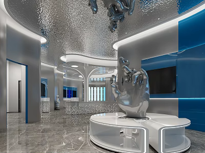 Modern Exhibition Hall Interior With Silver Metal Hand Sculpture Curved Structure And Blue White Walls 3d model
