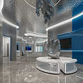 Modern Exhibition Hall Interior With Silver Metal Hand Sculpture Curved Structure And Blue White Walls