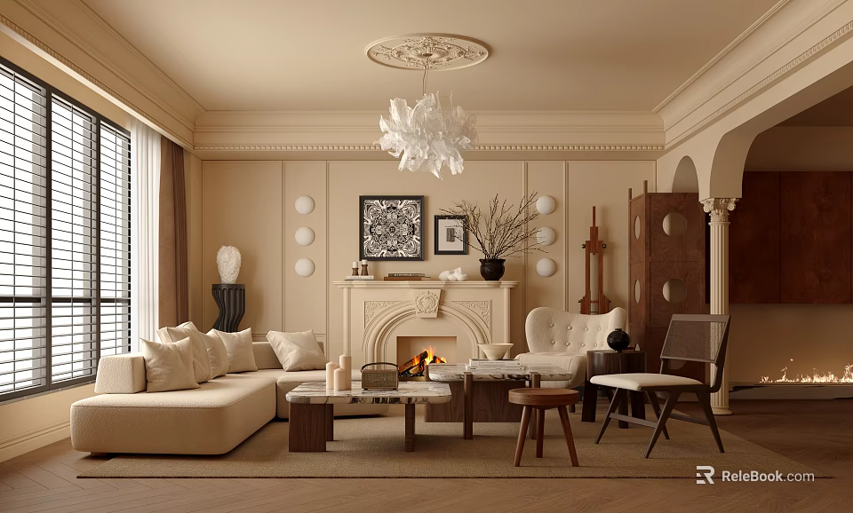 Beige Living Room Interior With Chandelier Fireplace Sofa Coffee Table And Decorative Painting 3d model 