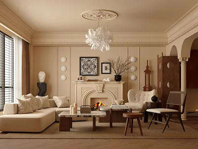 Beige Living Room Interior With Chandelier Fireplace Sofa Coffee Table And Decorative Painting 3d model