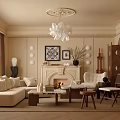 Beige Living Room Interior With Chandelier Fireplace Sofa Coffee Table And Decorative Painting