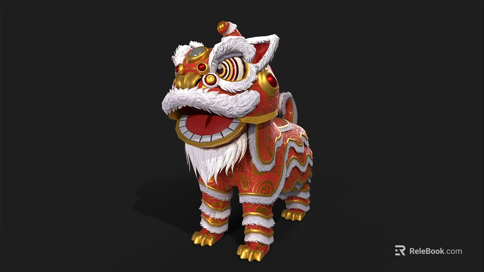 Traditional Chinese Lion Dance Outfit With Ornate Red Gold Patterns And Fluffy Mane 3d model 