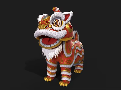Traditional Chinese Lion Dance Outfit With Ornate Red Gold Patterns And Fluffy Mane 3d model