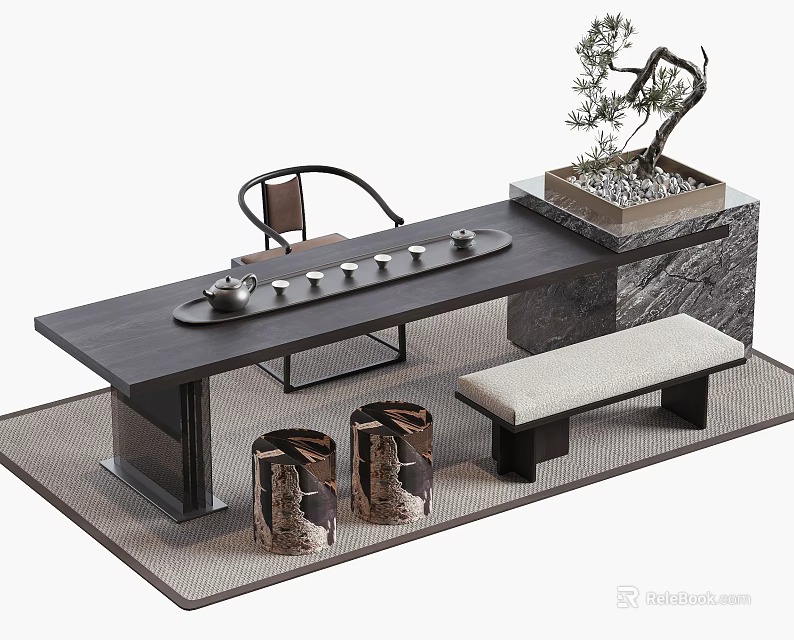 Traditional Chinese Tea Table And Chairs With Teapot Cups Stool Potted Plant Rug Design 3d model 