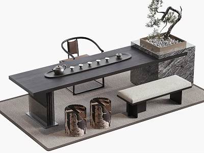 Traditional Chinese Tea Table And Chairs With Teapot Cups Stool Potted Plant Rug Design 3d model