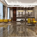 Elegant Hotel Lobby Interior Design With Yellow Sofas Decorative Chandeliers And Marble Floor 3d model