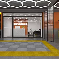 Modern Sports Car Dealership Showroom With Hexagonal Ceiling Lighting Yellow Gray Floor And Displayed Vehicles