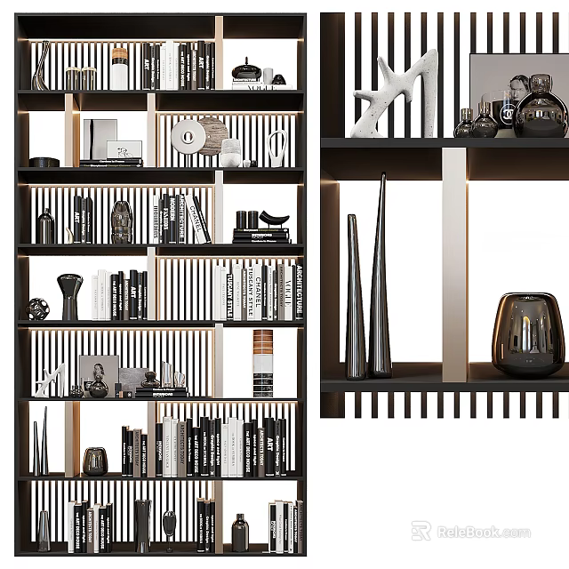 Modern Bookcase Interior Design With Shelves Books Decorative Vases Sculptures And Frames 3d model 