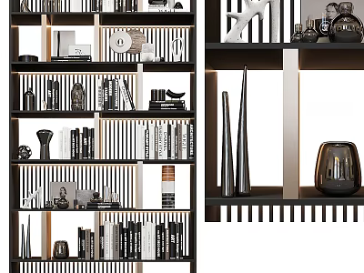 Modern Bookcase Interior Design With Shelves Books Decorative Vases Sculptures And Frames 3d model