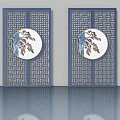Double Hinged Doors With Blue Frames Lattice Patterns And Circular Landscape Decor 3d model