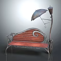 Outdoor Bench Featuring Metal Frame Wooden Seat Curved Design Umbrella and Lamp