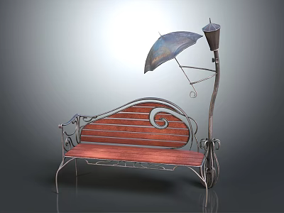 Outdoor Bench Featuring Metal Frame Wooden Seat Curved Design Umbrella and Lamp 3d model